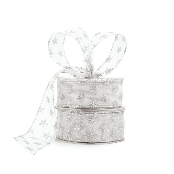 Organza Glitter Star Ribbon Wire Edge 38mmx20m - White/Silver
