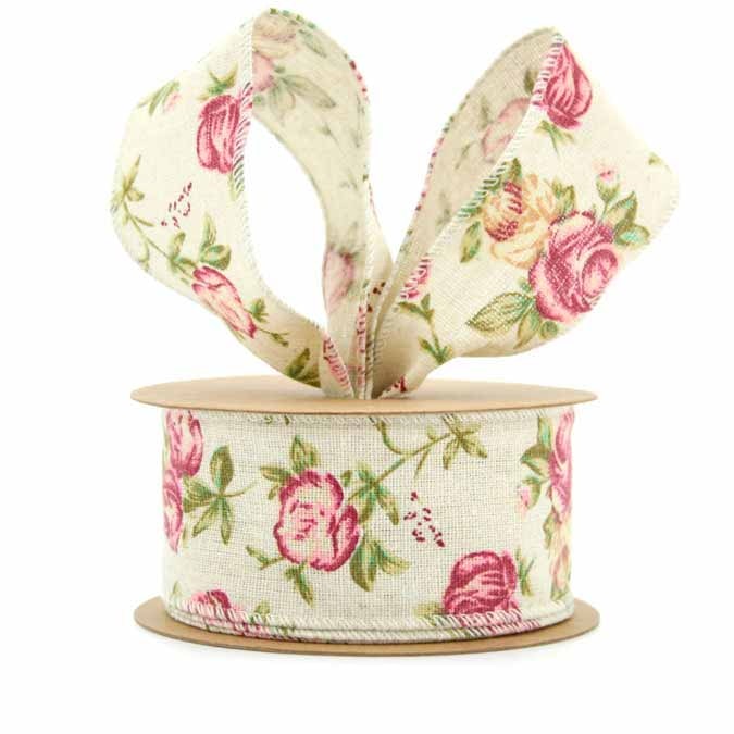 Linen Printed Flower Ribbon Wire Edge 50mmx10m - Hot Pink/Cream
