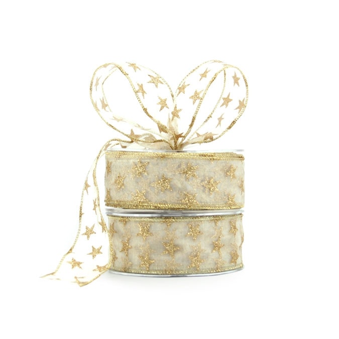 Organza Glitter Star Ribbon Wire Edge 38mmx20m - White/Gold