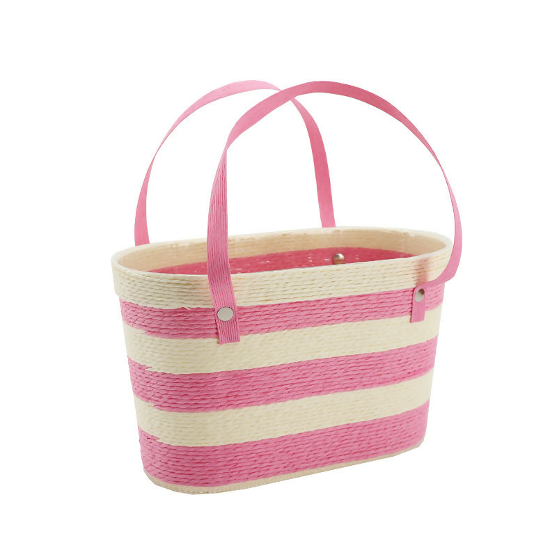 Paper Rope Stripe Braided Basket w/Handles 23TWx20BWx14Hcm - Soft Pink/Ivory