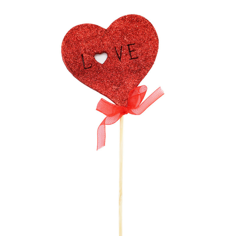 Nordic Wooden Glitter Love Heart Pick 7Wx7Hx28Lcm Pk/12 - Red