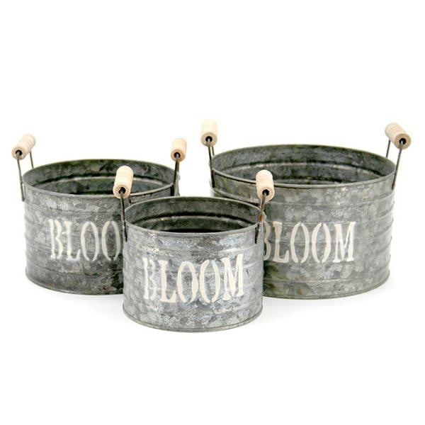 Tin Round “Blooming Right” Bucket w/Handles Set/3 19Diax11Hcm - Grey